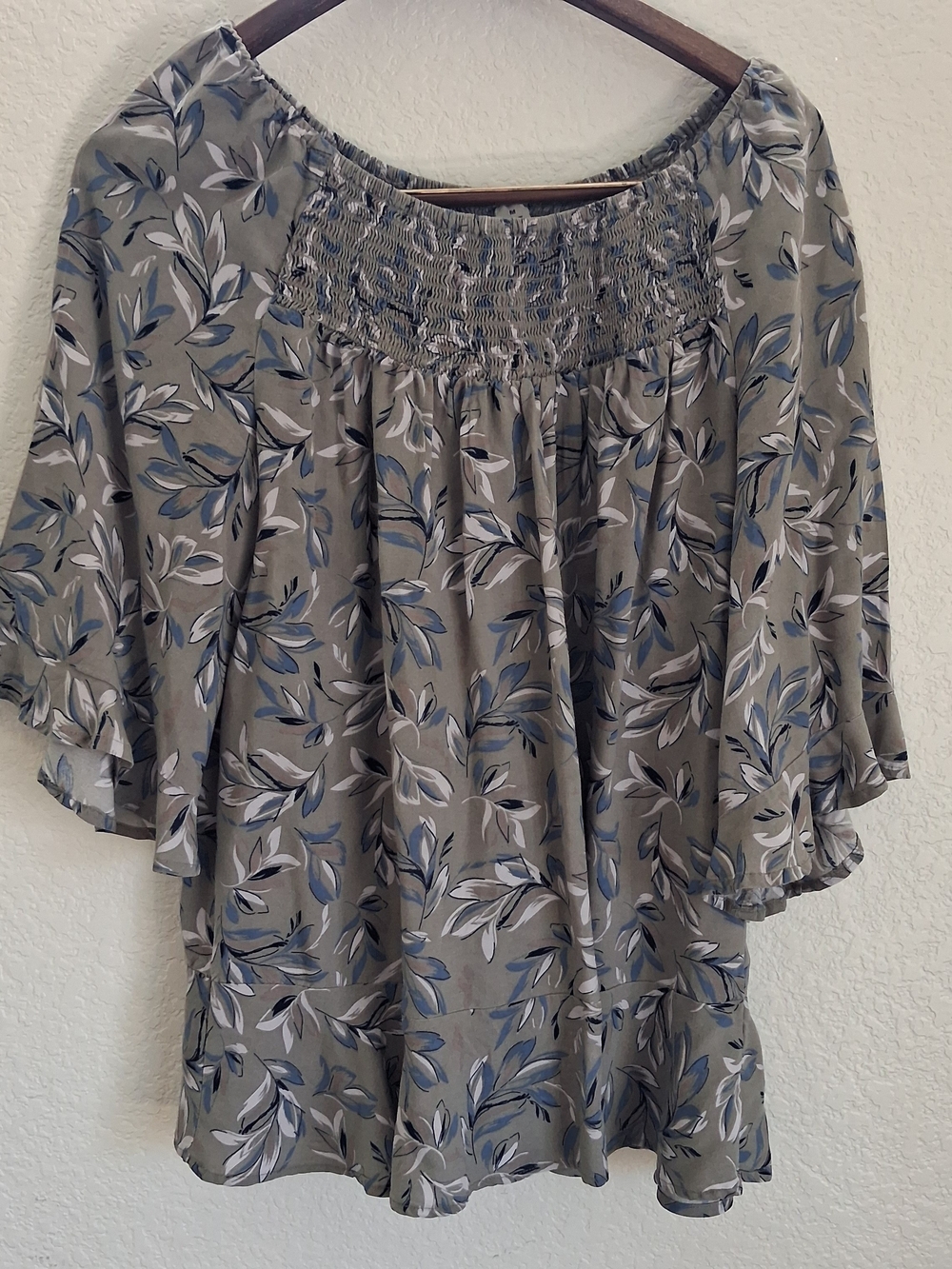 Intro Boho Smoked Neck Flutter Sleeve Floral Top